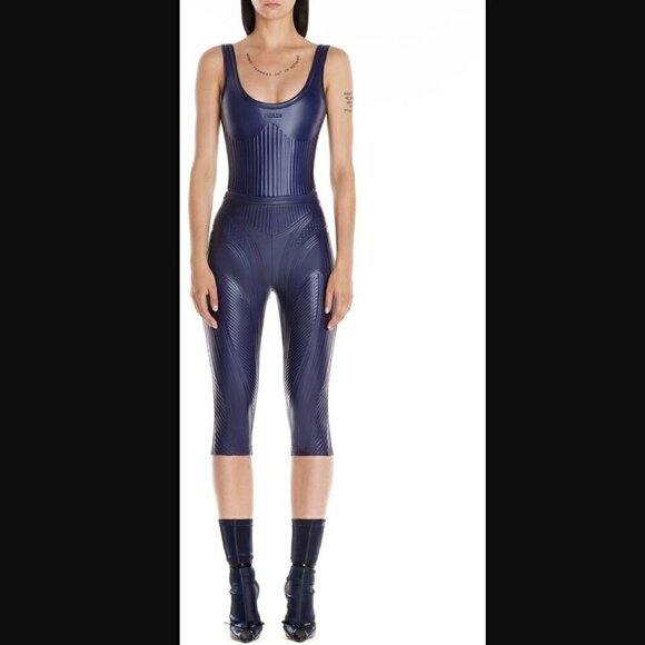 Mugler Shiny Embossed Bodysuit & Midi Leggings Logo Embossed High Shine Luxury - Picture 5 of 17